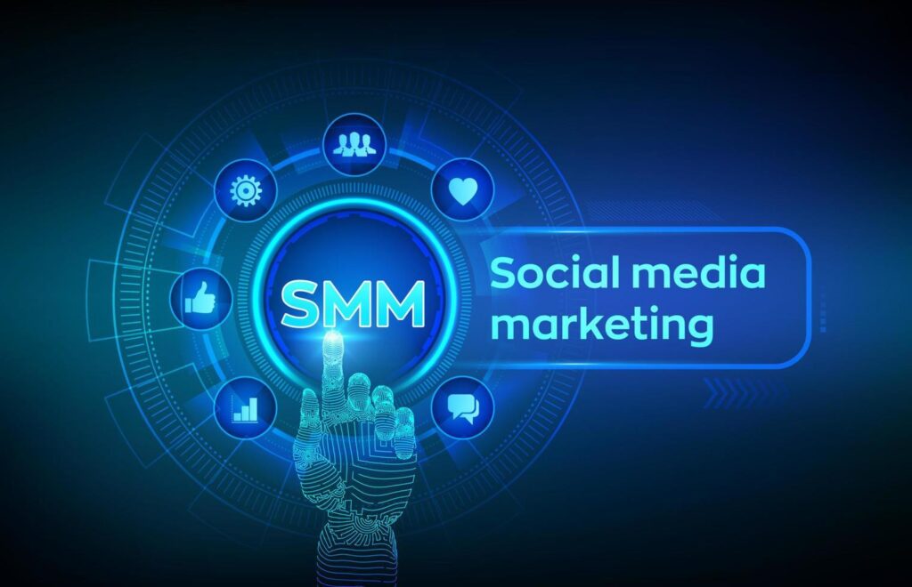 Social Media Marketing (SMM) smm social media marketing likes comments followers and message icons on virtual screen robotic hand touching digital interface business and internet concept illustration vector